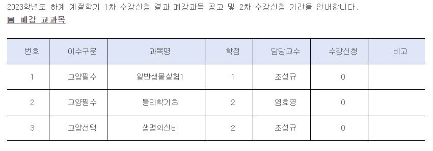 2023학년도 하계 계절학기 폐강과목 공고 및 2차 수강신청 기간 안내 1번째 파일 - 자세한 내용은 본문 참조